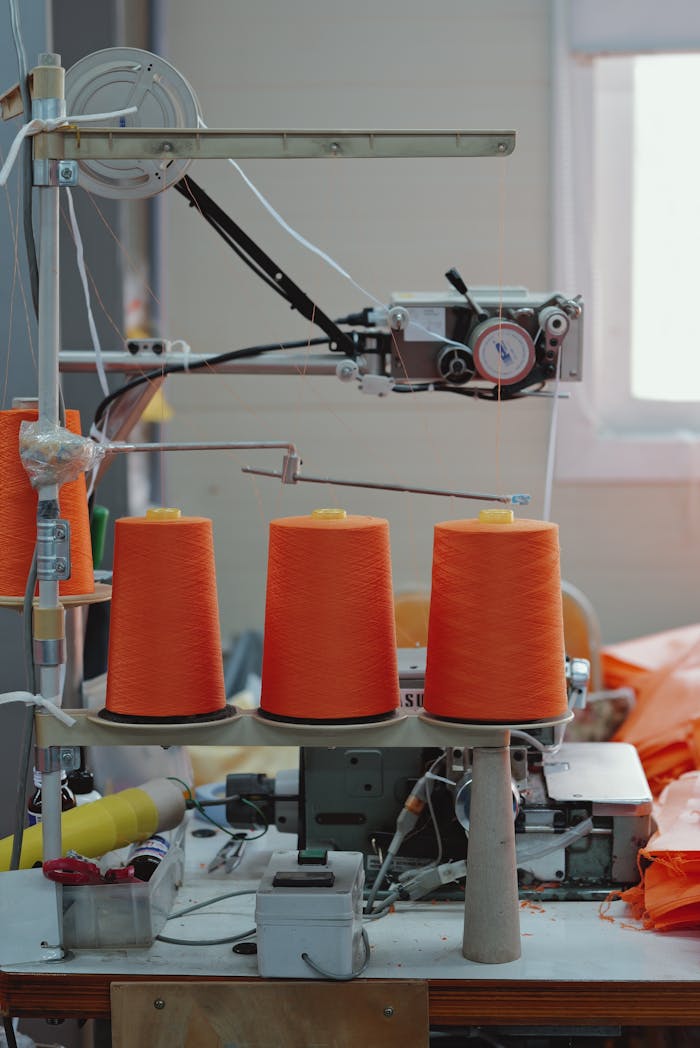 Close-up of orange yarn spools in a textile factory, showcasing sewing machinery and vibrant colors.